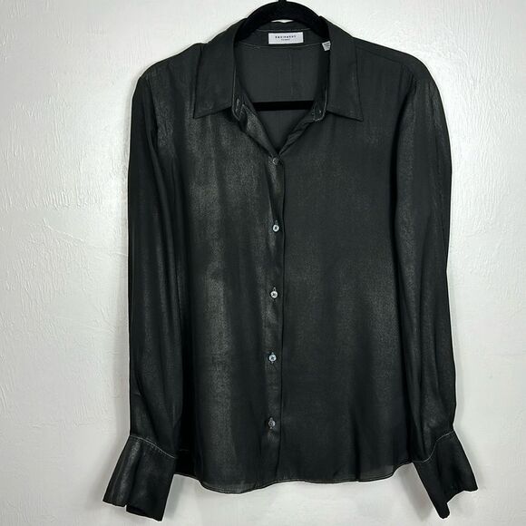 Equipment Femme Shiny Black Long Sleeve Collared Button Up Shirt Size L - Picture 1 of 8